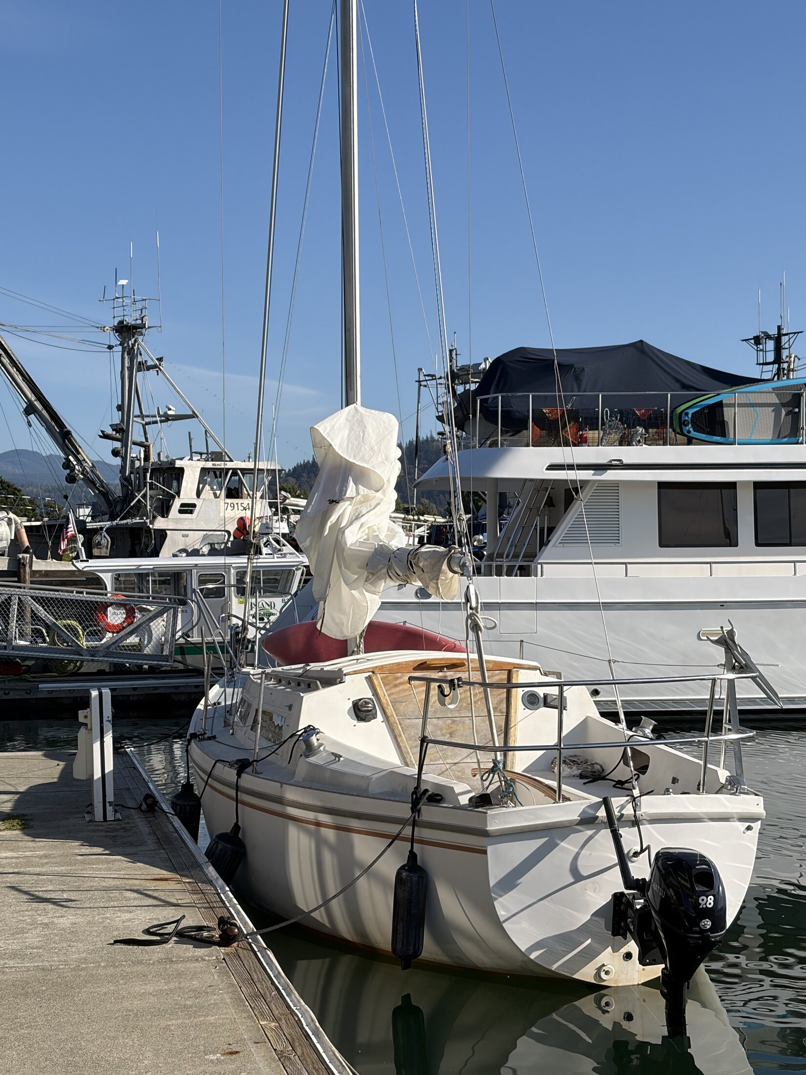 Stern view with the loaner outboard, which is not included